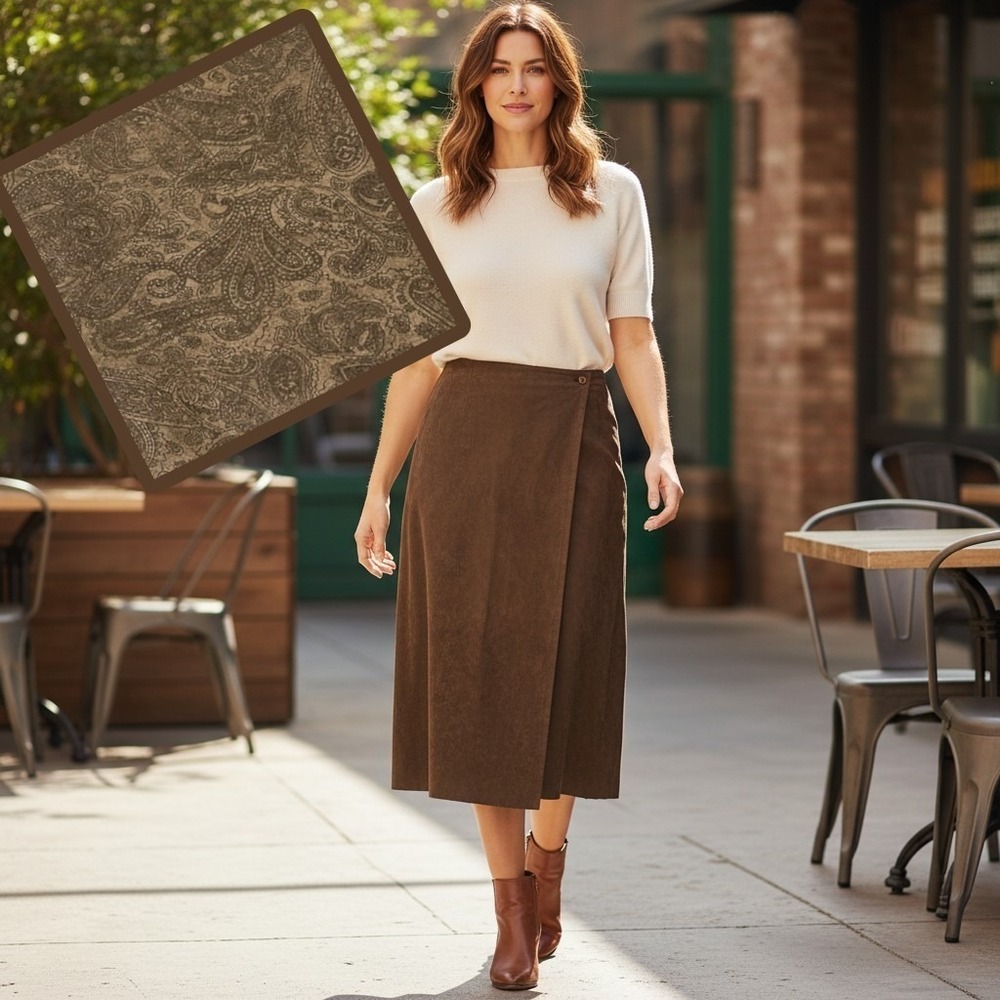 Jaclyn Smith Brown Paisley Faux Suede Wrap Midi Skirt 12 Western Boho Cowgirl